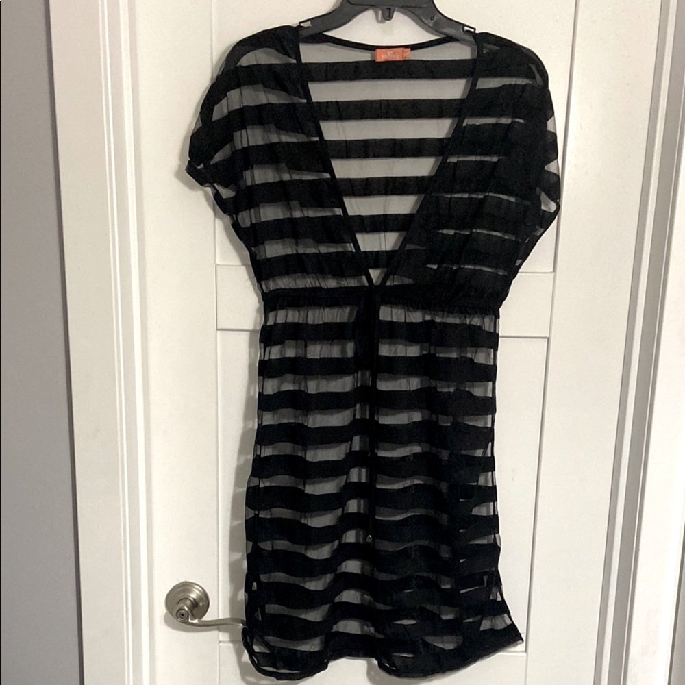 Sheer Black Striped V-Neck Swim Coverup
